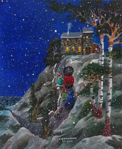 Le retour à la maison, peinture naïf de Mady de la Giraudière