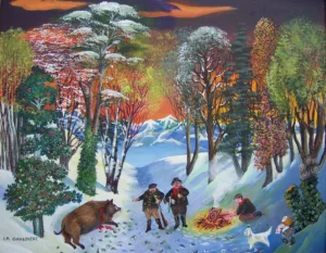 Peinture naïf Mady de la Giraudière - Le chasseur de Sanglier